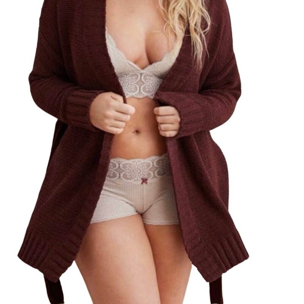 Aerie Maroon/Brown Chunky Knit Cardigan Sweater